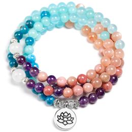 Bracelets Apatite With Rhodochrosite Natural Stone Meditation Mala 108 Beads Handmade Yoga Bracelet Women Men Charm Jewellery