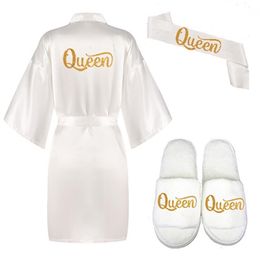 3pc set glitter gold Queen robe bride satin robe women white kimono Pyjamas bridal party kimono wedding queen bride robes 2108312349