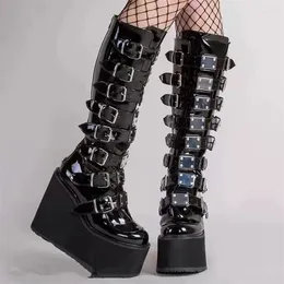 Boots High Platform 2024 Women Knee-High Wedges For Fashion Super Heels Belt Buckle Punk Cosplay Botas Mujer