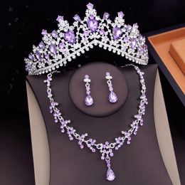 Necklaces Purple Colours Wedding Crown Bridal Jewellery Sets for Women Choker Necklace Sets Tiaras Earrings Jewellery Prom Costume Accessories