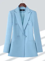 Women's Suits Blue Apricot Coffee Black Women Formal Blazer Ladies Female Long Sleeve Double Breasted Straight Jacket Coat RFE-6969