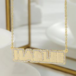 Necklaces Custom Stainless Steel 18K Gold Plated Name Pendant Vertical Texture Name Necklace Crystal Outline Name Necklace Gift for Her