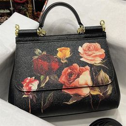 Women Handbag Floral Printed Shoulder Bag Genuine Leather Crossbody Bags Retro Letter Detachable Adjustable Strap Flap Lady Tote H302e