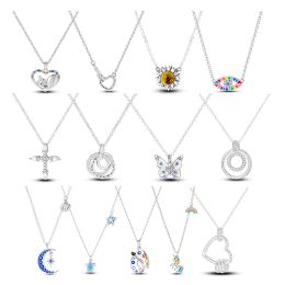 Necklaces 925 Silver Pendant Necklace For Women Glitter Zircon Moon Sun Charm Heart Circle 45cm Chain Hand of Fatima Necklaces Jewelry