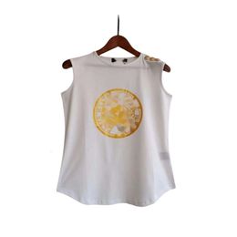 Balman Designer T-shirt Top Quality Women's T-Shirt Gilt Lettering Cotton Gold Button Arc Hem Casual Sleeveless Vest Women