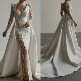 Charming Mermaid Wedding Dresses O Neck Pearls Appliques Sequins Pleats Backless Court Custom Made Plus Size Sexy Bridal Gown Vestidos De Novia