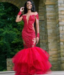 2024 Sparkly Red African Mermaid Evening Celebrity Dresses for Women Luxury Crystal Sheer Mesh Prom Gala Gown Long Sleeve