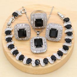 Necklace 2022 New Black Stones Cubic Zirconia Silver Jewellery Sets For Women Earring Pendant Necklace Ring Bracelet Big Square