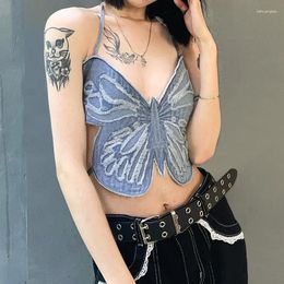 Women's Tanks Butterfly Jeans Crop Top Backless Strap Camis Sexy Blue Cute Party Sweats Women Beach Holiday Mini Vest Summer Tee