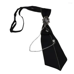 Bow Ties Gothic Black Necktie For Rhinestone Pendant Metal Chain Evening Party Pretied