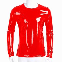 Sexy Set Mens Sexy Glossy PVC Leather Long Sleeve Shirt Erotic Shaping Latex Casual Coat Male Shiny Metallic Patent Leather T-shirts Sexi