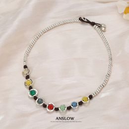 Alloy Anslow Fashion Jewelry Top Quality Nice Rainbow Handmade DIY Beads Retro Leather Silver Color Choker Neckalce Gift Accessories