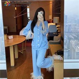 EDGLuLu Light Blue Turn-down Collar Long Sleeve Shirt feather Full Pants Pyjamas Set Women Spring Autumn Suit Black White 0303 21221z