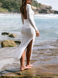 Casual Dresses Women Long Dress Sleeve Crew Neck Backless Solid Slim Fit Slit For Vacation Beach