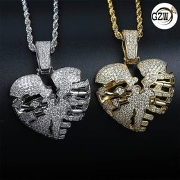 Personalised Real 18K Gold Bling Diamond Broken Hollow Heart Mens Pendant Necklace Iced Out Cubic Zirconia Lovers Hip Hop Jewellery 240S