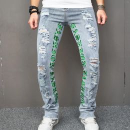 Men's Jeans Fashion Destroyed Hip Hop With Embroidery High Street Ripped Denim Trousers Slim Fit Washed Distressed Bottoms