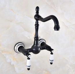 Kitchen Faucets Black Oil Rubbed Bronze Bathroom Kitchen Sink Faucet Mixer Tap Swivel Spout Wall Mounted Dual Ceramic Handles tnf862 240130