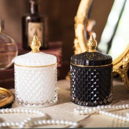 Jars French Luxury Multicolor Glass Storage Jar with Lid Retro Aroma Candle Jar Simple Home Cotton Swab Jewelry Storage Box Home Deco