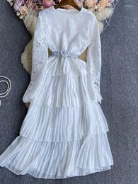 Casual Dresses Spring Birthday White Maxi Dress For Women Long Sleeve Lace V Neck With Belt Sexi Night