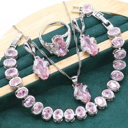 Necklace New 925 Sterling Silver Jewellery Sets For Women Birthday Pink Crystal Bracelet Earrings Necklace Pendant Ring Wedding