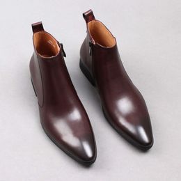 Genuine Leather Mens Ankle Pointy Black Brown Formal Casual Dress Men's Shoes Boots Side Zipper Party Boot M