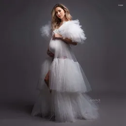 Party Dresses Arrival White Tiered Mesh Maternity Dress With Puff Half Sleeves Pretty Ruffles Tulle Pregnant Women Long Robes