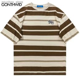Men's T-Shirts Hip Hop Streetwear T-Shirt Vintage Retro Striped T Shirt Harajuku Cotton Casual Tshirt 2023 Men Summer Short Sleeve Tops Tees Q240130