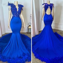 Royal Blue Prom Dresses For Black Girls Lace Applique Feathers African Women Mermaid Party Gowns 2024 Vestidos De Festa