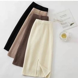 Women sweater skirt pencil midi knitted high waist skirts womens winter long warm knitting split bottoms 24030