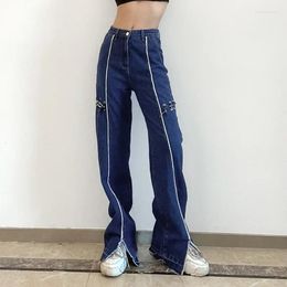 Women's Jeans Blue Denim Trousers Women Harajuku Sexy Bandage Hollow Out Pants Patchwork Split Street Aesthetic Capris Full Length 2024