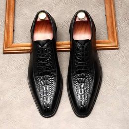 Italian Genuine Leather Blue Black Crocodile Lace Up Dress Office Wedding Oxfords Shoes for Men