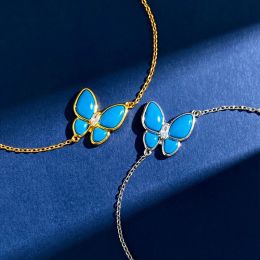 Bracelets High Quality Gold Colour Butterfly Style Bangle Turquoise Blue Stone Full Zircon Bracelet Sets For Women Fashion Jewelry(DJ1602)