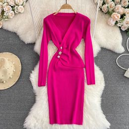 Elegant V Neck High Waist Fashion Bodycon Dress Long Sleeve Sexy Knit Elastic Tight Vestidos Autumn Winter Pencil Sweater Dress 240126