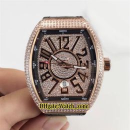 New MEN'S COLLECTION Vanguard Date V 45 SC DT Diamond Dial Automatic Mens Watch Rose Gold Diamond Case Leather Rubber Strap W207p