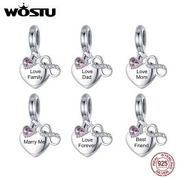 Crystal WOSTU Silver 925 Engraved Lettering Dangle Charm Personalized Name Pet Zircon Heart Beads Fit Original Bracelet Jewelry C1922