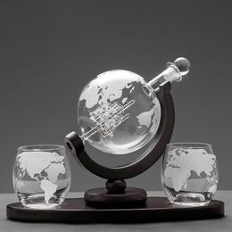 Whiskey Glass Set Crystal Globe Liquor Carafe for Whisky Vodka Sailboat in Decanter with Finished Wooden Stand Bar Tools Cup 240119