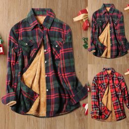 Women's Blouses Fashion Plaid Thickened Overcoat Women Fleece Lined Tops Ladies Lapel Buttons Shirts Blusas Spring Fall Elegant Holiday