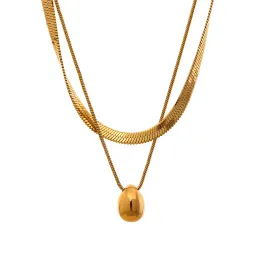 Snake Chain Double Layer 14k Yellow Gold Water Drop Pendant Necklace for Women Statement Jewellery Waterproof
