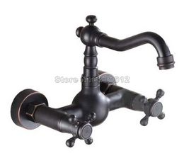 Kitchen Faucets Black Oil Rubbed Bronze Swivel Spout Kitchen Sink Water tap / Dual Cross Handles Basin Faucet Wall Mounted tnf263 240130