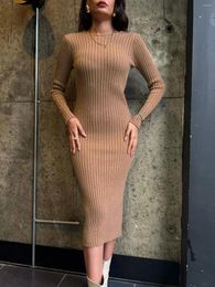 Casual Dresses Zoctuo Elegant Apricot Ribbed Knitted Dress Women Slim Long Sleeve Sexy Lace Up Midi Sweater Fall Clothes Streetwear