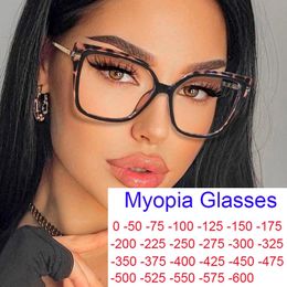 Stylish Optics Minus Myopia Glasses Women Leopard Oversized Square Eyeglasses Frame Metal Computer Anti Blue Light Glasses 0~-6. 240124