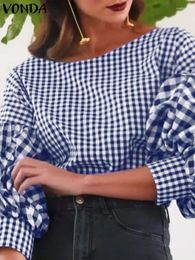 Women's Blouses VONDA Women Plaid Blouse Fashion Printed Shirts 2024 Spring Tunic Tops Long Sleeve Vintage Checked Casual Loose Blusas