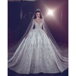 Stunningbride 2024 Luxury Beading Wedding Dress Princess Illusion Long Sleeve Wedding Gowns Sexy Deep V Neck Ball Gown Bridal Dresses