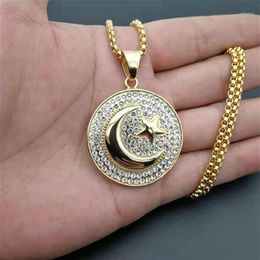 Hip Hop Iced Out Crescent Moon and Star Pendant Stainless Steel Round Muslim Necklace for Women Men Islam Jewellery Drop1208I