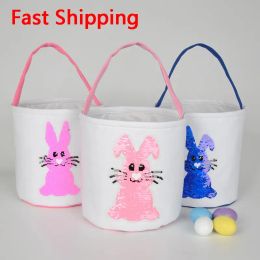 Easter Party Bunny Basket Sequin Egg Hunt Bags For Boys Girls Canvas Candy Storage Gifts handbags With Fluffy Tail Easter Day Decorations 0130