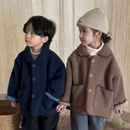 Jackets Autumn Winter Baby Solid Plus Velvet Thicken Pockets Warm Jacket Kid Boy Simple Casual Tops Girl Children Loose Retro Coat