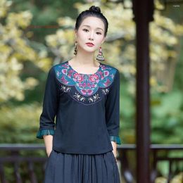 Ethnic Clothing 2024 Traditional Chinese Vintage Shirt National Flower Embroidered O-neck T-shirt Folk Streetwear Base