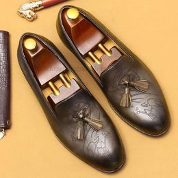 Tassel Loafers Genuine Leather Elegant Wedding Party Casual Dress Black Brown High Quality Round Head Shoes Men