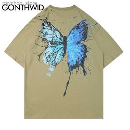 Men's T-Shirts GONTHWID Graffiti Ink Butterfly Print Streetwear Tshirts Hip Hop Fashion Casual Short Sleeve Tees Shirts Men 2023 Summer Tops Q240130