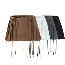 Y2K Zipper Laceup Mini Skirts Shorts Sashes Pleated Brown Grey White Blogger Streetwear Sexy Outfit Bottom 24030